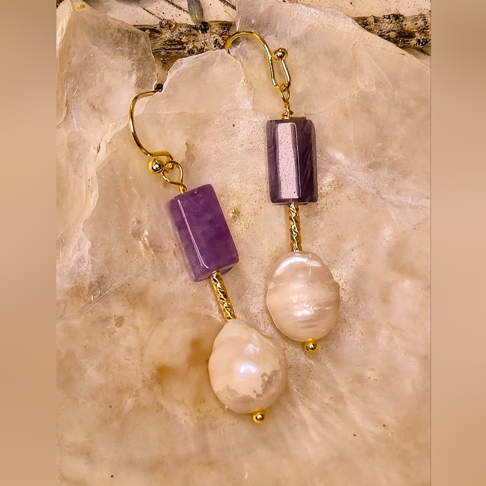 Natural Amethyst  & White Freshwater Baroque Pearl Artisan & Classic Earrings